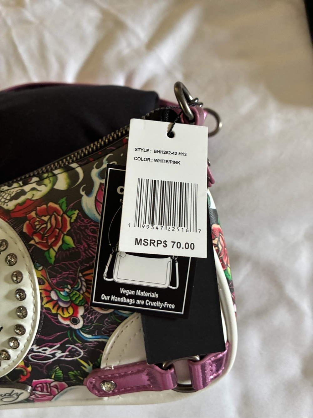 Ed Hardy Black Shoulder Bag with Pink Floral Skull Print - Picture 3 of 3